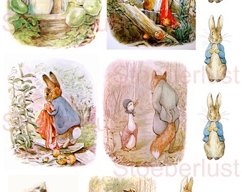 9 x motieven Beatrix Potter Je kiest: opwrijfsticker of stickerfolie, waterglijbaanfolie, lasertransferfolie, meubels, papier