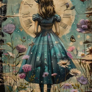 Op de afbeelding: Artistieke illustratie van een meisje in een teal jurk, staand voor een grote klok. Bloemen en vlinders sieren de sc&egrave;ne, wat een dromerige en sprookjesachtige sfeer cre&euml;ert. Het kunstwerk heeft een vintage uitstraling.