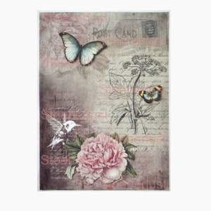 Postcard Schmetterling Nelke  Größe 14 x 19 cm  shabby Background Decalfolie shabby chic  Möbeltattoo Abziehbild Wasserschiebefolie