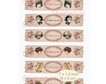 6 Banderolen flapper ladies secret 18 x 4 cm auf Papieretikett A 4 zum Selbstausschneiden für Seife, Wolle zum Verpacken - DIY selbstklebend