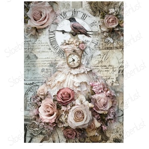May include: An artistic composition with a clock, bird, and pocket watch, set against a backdrop of aged paper and roses. The design includes a dress shape and flowers in pink and cream tones. The artwork evokes a vintage aesthetic.