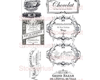 7 étiquettes publicitaires vintage françaises – Motif transfert sur fond transparent | Image à gratter, découpage, film adhésif