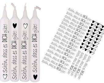 Candle stickers "Glad you exist with hearts 54 pieces u. 20x text on A4 or A5 - for candles or ceramics for all occasions DIY