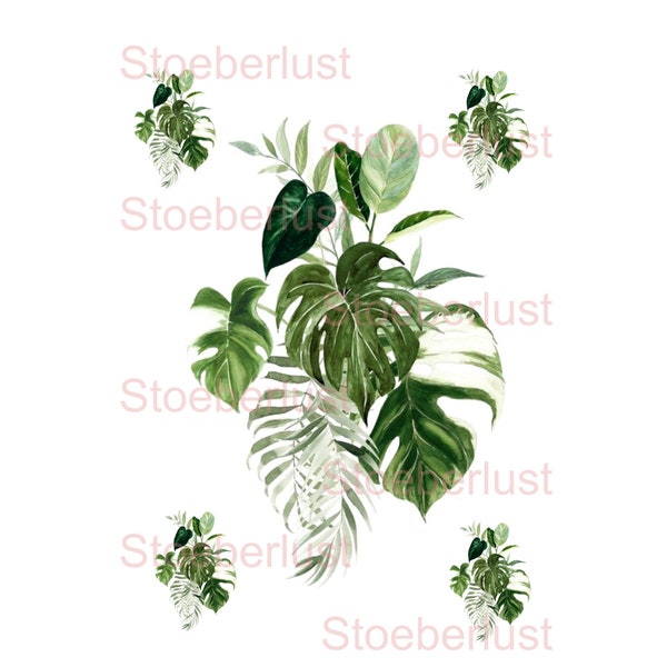 5 x tropische Blätter auf A4 Decalfolie, Wasserschiebefolie Laser Transferfolie, Möbel, Papier,  1x 20 x 27, 4 x 5,2 x 7 cm