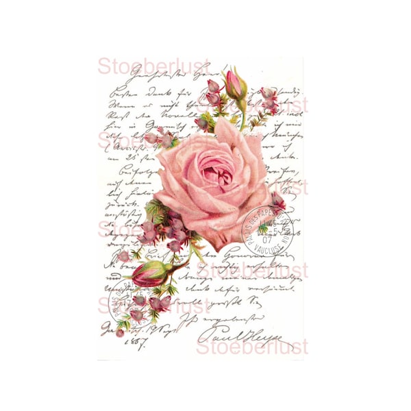 Handschrift Stempel Rose shabby chic Decal, Wasserschiebefolie Abziehbild wasserfest  vintage Motiv, Möbeltattoo, verschiedene Größen