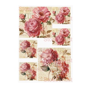 Può includere: Stampa artistica floreale ad acquerello con rose e ortensie rosa. L'opera d'arte ha un'estetica vintage con uno sfondo beige e il testo "DU PAR" e "RUE".