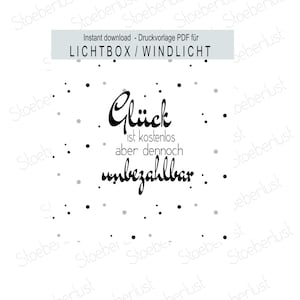 PDF Deko-Vorlage A4 „Glück ist kostenlos“ · Windlicht & Lichtbox DIY · Sofort-Download · Spruch für Windlicht oder Hölzchen-Lichtbox