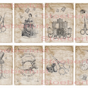 8 vintage sewing machine, scissors, yarn, etc. rub on sticker - water slide film on A4 transfer film, each 7 x 9.5 cm for crafting ideas