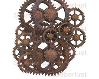 Könnte beinhalten: Eine Ansammlung überlappender, rostbrauner Metallzahnräder verschiedener Größen, vor weißem Hintergrund. Die Zahnräder weisen komplizierte Zähne und kreisförmige Muster auf, die ein Steampunk- oder Industriethema suggerieren. Das Wort "Stoeberlust" ist sichtbar.