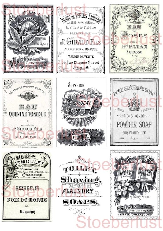Decal Laser DIY 9 x vintage parfum Label schwarz weiß oder sepia auf A 4 Möbeltattoo