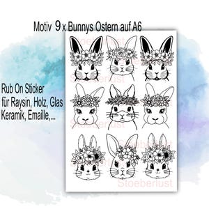 Rub-Ons / Rub-On 9 conejitos de Pascua A6 u otros motivos de Pascua Felices Pascuas, para, por ejemplo, vidrio, yeso, Raysin, Keraflott, madera, regalo,