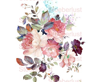 Ramo de acuarela – Diseño botánico vintage en A4 | Papel de arroz, calcomanía, lienzo, adhesivo para decoupage y manualidades