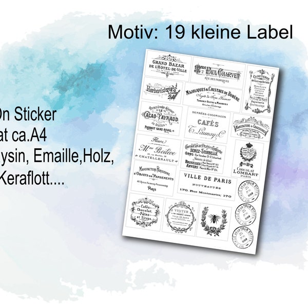 19 kleine Label auf A 4 Rub on oder Decalfolie, Wasserschiebefolie Laser Transferfolie, Möbel, Papier, Möbeltattoo shabby chic