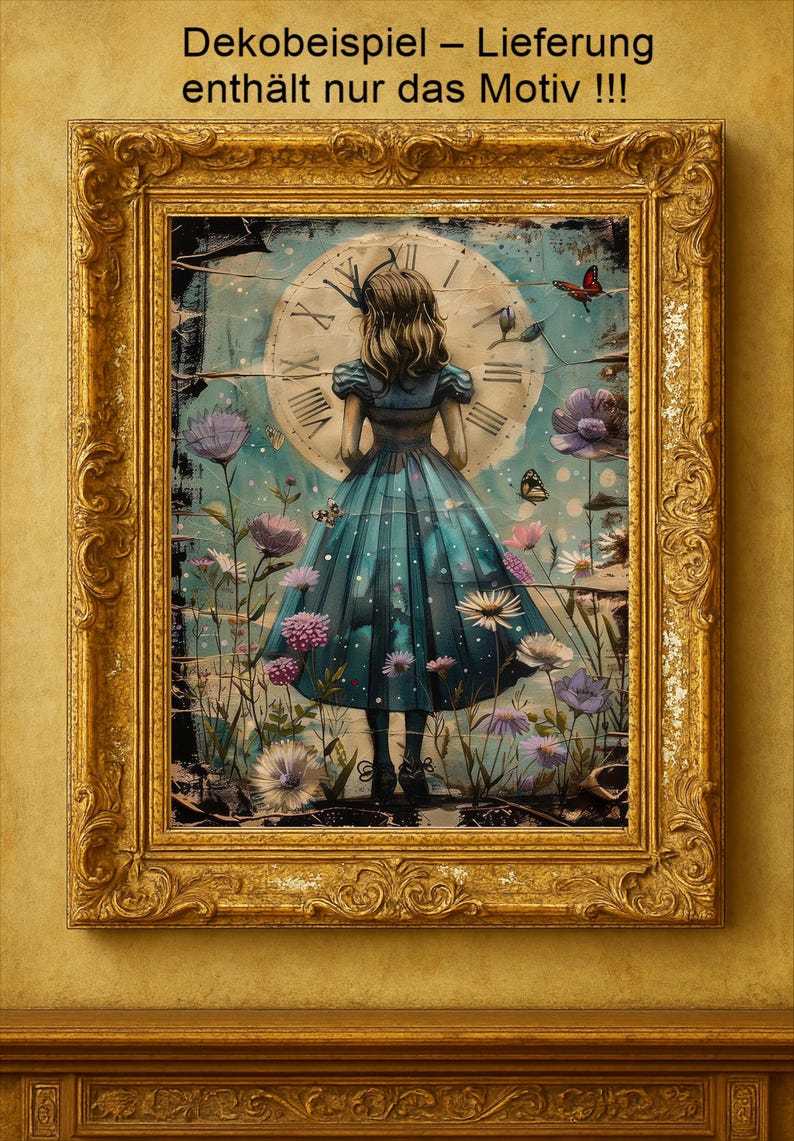 „Alice Motiv mit Uhr und Blumen A4“