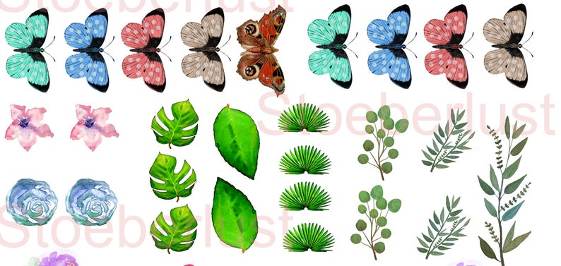 May include: Watercolor illustrations of butterflies, flowers, and leaves in various colors. The butterflies have detailed wing patterns in shades of blue, pink, and brown. Green monstera leaves and other foliage are also featured.