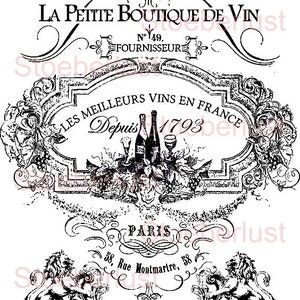 Vintage French wine label “La Petite Boutique” – rub-on sticker, waterslide decal or rice paper for DIY craft and furniture