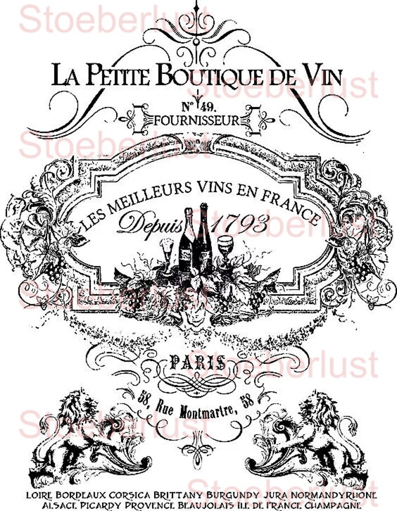 Vintage French wine label “La Petite Boutique” – rub-on sticker, waterslide decal or rice paper for DIY craft and furniture