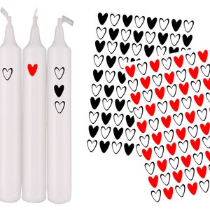80 harten in de maat 1 cm x 1,3 cm rood wit, of zwart wit A6 kaarsstickers of rub ons voor stokkaarsen, DIY voor koopjesjagers,