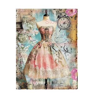 May include: A vintage-style print showing a pink and cream dress on a mannequin. The dress has a lace overlay and a bow. A clock, flowers, and birds are also in the image. The background has a distressed, aged appearance.