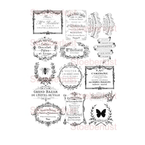 Può includere: Una collezione di etichette vintage in bianco e nero con cornici ornate e testo. Le etichette includono frasi come "Cafés Chocolat, Pâtes et Sirops" e "Eau Cologne". Sono presenti anche una farfalla e un'ape.