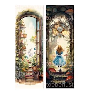 Könnte beinhalten: Aquarellillustration von zwei Lesezeichen. Eines zeigt eine Gartenszene mit einem Kaninchen, das andere ein Mädchen in blauem Kleid, eine große Uhr und Pilze. Der Text "Stoeberlust" ist sichtbar.