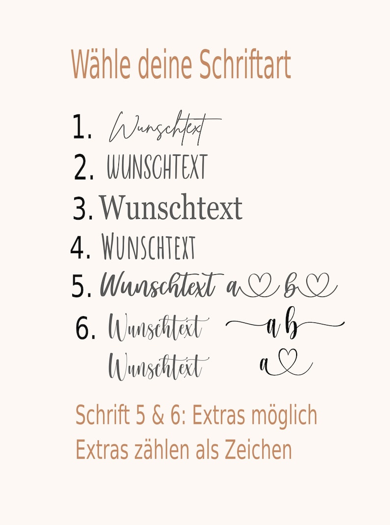 May include: A font selection chart titled "W&auml;hle deine Schriftart" displaying six numbered styles. Each style shows the word "Wunschtext" in a different typeface. Styles 5 and 6 include heart symbols and decorative flourishes. Text at the bottom reads "Schrift 5 & 6: Extras m&ouml;glich" and "Extras z&auml;hlen als Zeichen."