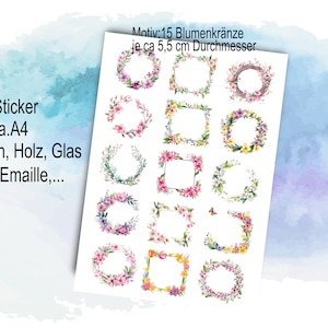 15 Blumenkränze A4 u. a. Rosen, Eukalyptus u.a.  auf A4  Transfer-Sticker für z.B. Glas, Gips, Raysin, Keraflott, Holz, Geschenk, DIY