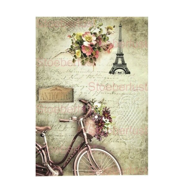 Fahrrad in Paris shabby chic Decal, Wasserschiebefolie wasserfest, Transferfolie, Möbel, Papier, verschiedene Größen