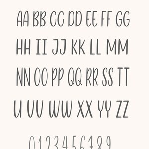 May include: A digital font display labeled Schrift 2, featuring the uppercase alphabet from AA to ZZ and numerals 0 through 9 in a thin, dark gray, handwritten-style typeface against a light cream background.