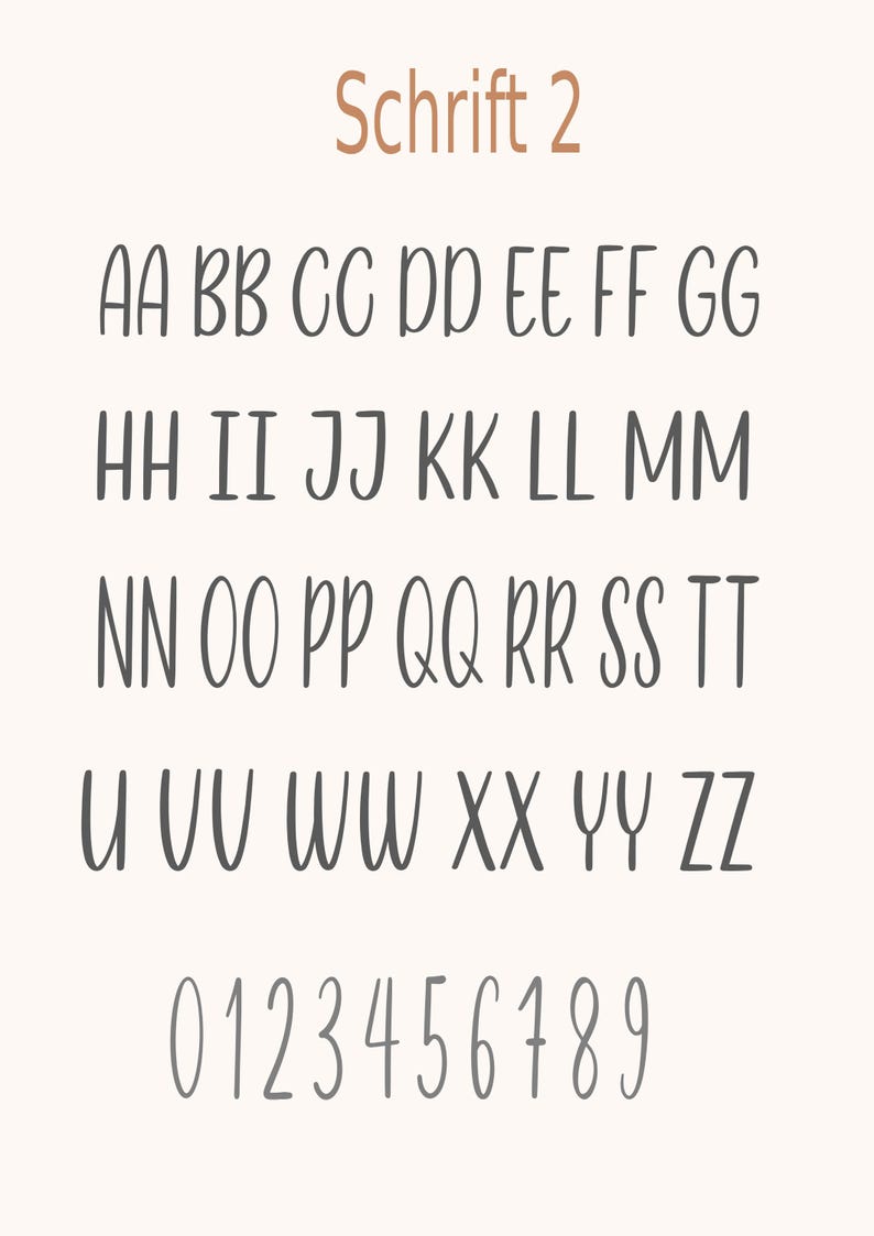 May include: A digital font display labeled Schrift 2, featuring the uppercase alphabet from AA to ZZ and numerals 0 through 9 in a thin, dark gray, handwritten-style typeface against a light cream background.
