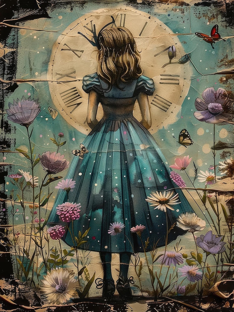 Op de afbeelding: Artistieke illustratie van een meisje in een blauwe jurk, voor een grote klok. Bloemen en vlinders sieren de sc&egrave;ne, waardoor een dromerige sfeer ontstaat. Het kunstwerk heeft een vintage stijl en zachte kleuren.