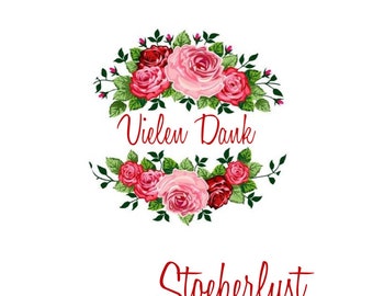 Aufkleber Sticker "Vielen Dank Rosen oben und unten rote Schrift  Papier Durchmesser wahlweise  4 cm = 24 Stück oder 3 cm = 48 Stück