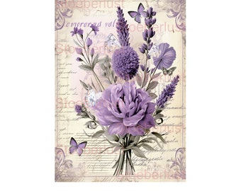 purple flowers junk journal rub on sticker or water slide film decal waterproof vintage motif, furniture tattoo, various sizes