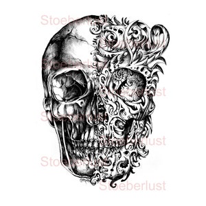 May include: Detailed black and white illustration of a human skull. The left side of the skull is a realistic depiction, while the right side is adorned with intricate, swirling ornamental patterns. The image is set against a white background.