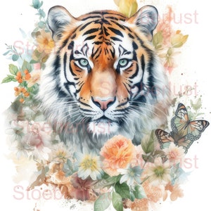 Könnte beinhalten: Aquarell-Illustration eines Tigers mit orangefarbenen und schwarzen Streifen, umgeben von pastellfarbenen Blumen und Grün. Ein Schmetterling mit orangefarbenen und schwarzen Flügeln befindet sich auf der rechten Seite. Der Text "Stoeberlust" ist rosa.