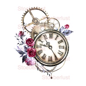 Könnte beinhalten: Aquarell-Illustration einer Vintage-Uhr mit römischen Ziffern, Zahnrädern und floralen Akzenten. Das Zifferblatt ist cremefarben, umgeben von einem dunklen Rahmen. Burgunderrote Rosen und lila Blätter setzen Farbakzente. Eine goldene Kette hängt darunter.