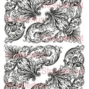 Vier filigrane Ornamente auf A4-Bogen: Vintage- und Shabby-Chic-Ziermuster mit Ranken, Medaillons und floralen Elementen, perfekt für Decoupage, Scrapbooking und kreative Bastelprojekte.