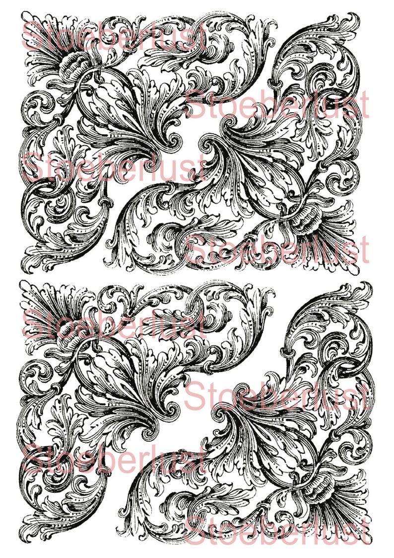 Vier filigrane Ornamente auf A4-Bogen: Vintage- und Shabby-Chic-Ziermuster mit Ranken, Medaillons und floralen Elementen, perfekt für Decoupage, Scrapbooking und kreative Bastelprojekte.