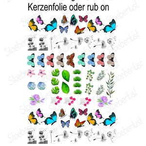 Rub-On Sticker oder Kerzenfolie mit Schmetterlingen, Pusteblumen, Blüten und Blättern auf A4. Ideal für DIY, Kerzendekoration, Decoupage und Möbeltransfer.