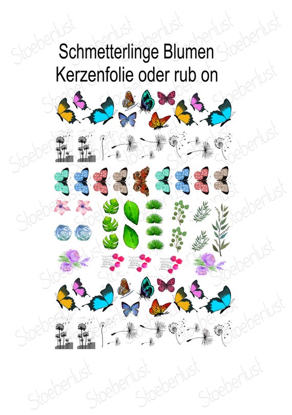 Rub-Ons oder  Kerzenfolie – Schmetterlinge, Pusteblumen, Blätter auf A4 oder A5