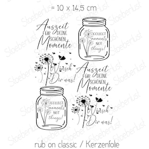 Può includere: Grafica in bianco e nero con testo e illustrazioni di barattoli. Il testo include frasi come "Collect moments not things!" e "Auszeit für deine schönen Momente." Le dimensioni sono 10 x 14,5 cm.