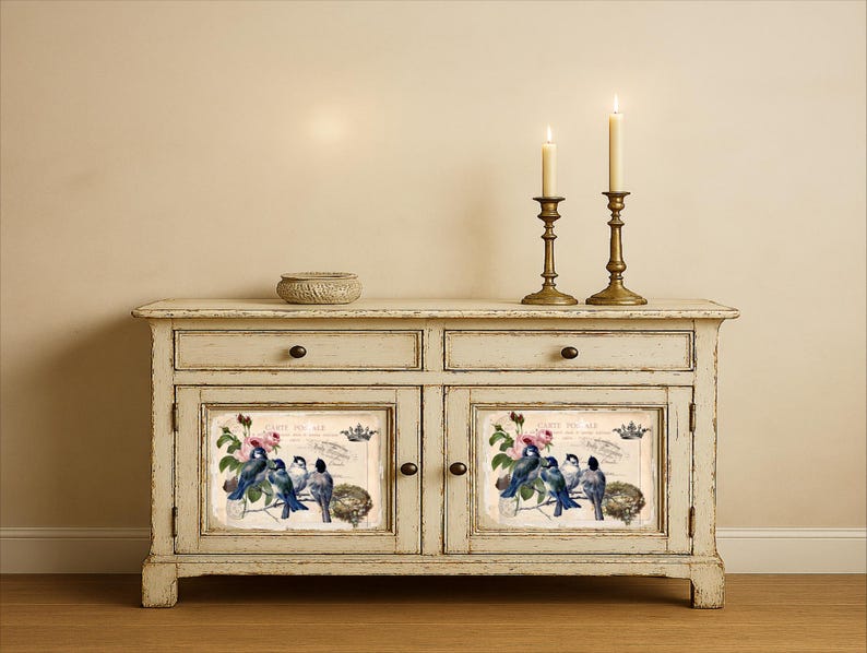 Puede incluir: Un aparador blanquecino envejecido con dos cajones y dos puertas. Cada puerta presenta una imagen enmarcada de p&aacute;jaros azules, flores rosas y texto. Dos candelabros de lat&oacute;n con velas encendidas se encuentran encima, junto con un peque&ntilde;o cuenco tejido.