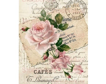 Sello Vintage Rose Café – Adhesivo para frotar y calcomanía al agua – Transferencia Shabby Chic para muebles y vidrio DIY