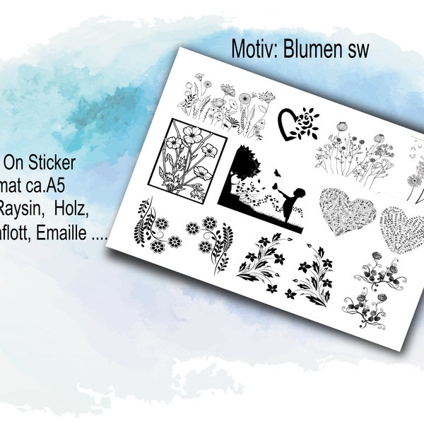 Rub on Classic_ Blumen gezeichnet sw oder Pusteblumen2 Transfer-Sticker für z.B. Glas, Gips, Emaille, Porzellan,Raysin, Keraflott, Holz,DIY,