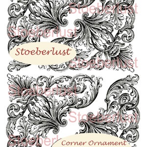 May include: Black and white corner ornament design with intricate floral and leaf patterns. The design includes the text "Stoeberlust" and "Corner Ornament" with measurements of 5.5 x 5.67 inches and 13.9 x 14.4 cm.