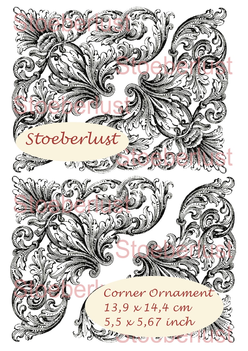 May include: Black and white corner ornament design with intricate floral and leaf patterns. The design includes the text "Stoeberlust" and "Corner Ornament" with measurements of 5.5 x 5.67 inches and 13.9 x 14.4 cm.