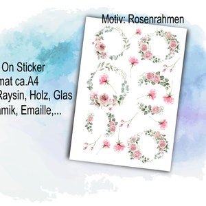 Rosenrahmen u. Blüten - Rub On, Eukalyptus u.a.  auf A4  Transfer-Sticker für z.B. Glas, Gips, Raysin, Keraflott, Holz, Geschenk, DIY