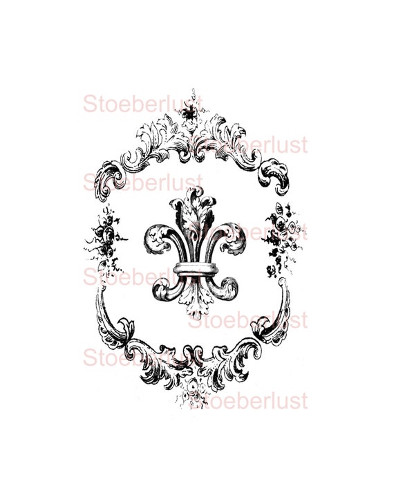 französische Lilie hochkant Fleur de Lis im Vintage Rahmen – Rub‑On Sticker, Decalfolie oder Reispapier für Möbel, Kerzen & DIY Basteln