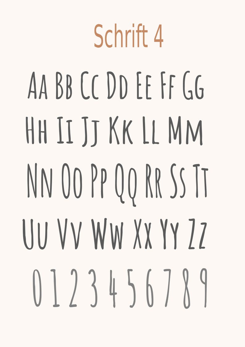 May include: A digital display showing the text Schrift 4 in brown, followed by the complete uppercase English alphabet from AA to ZZ and the numbers 0 through 9 in a dark gray, thin, handwritten-style font on a light background.