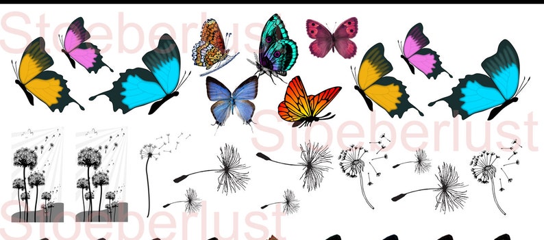 May include: A collection of colorful butterfly and dandelion illustrations. The butterflies feature various colors, including yellow, blue, pink, orange, and purple. The dandelions are black and white line drawings.